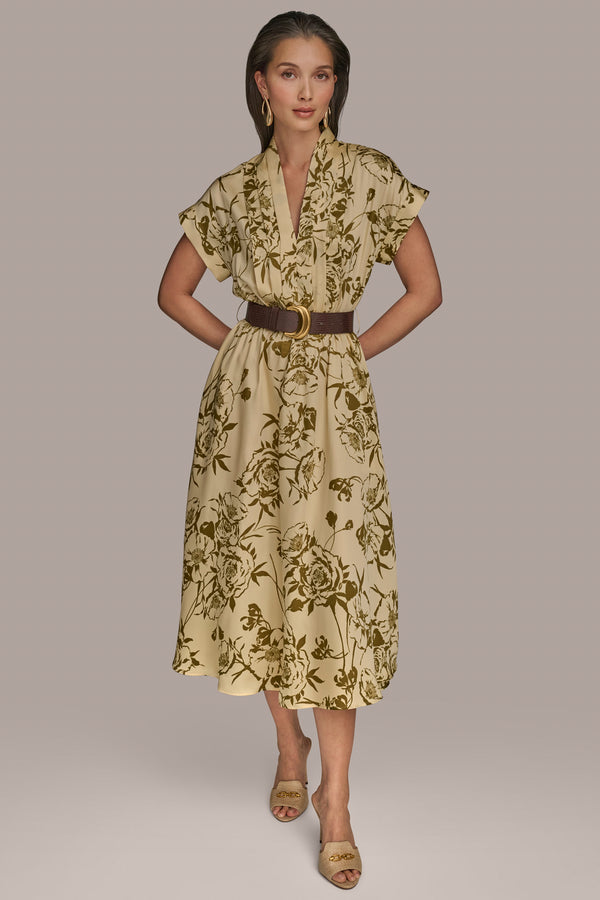 Donna Karan BELTED FLORAL MIDI DRESS Smokey Olive/Beach Sand
