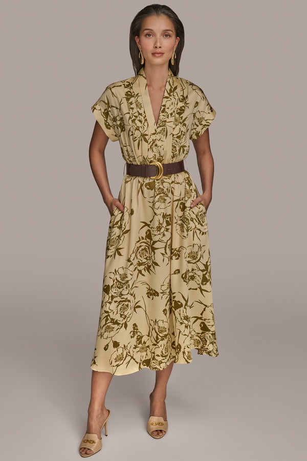 donna karan BELTED FLORAL MIDI DRESS Smokey Olive/Beach Sand