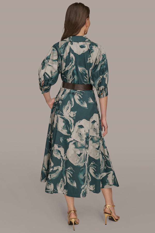 Donna Karan BELTED FLORAL MIDI SHIRT DRESS HUDSON/WEATHERED SAGE MULTI