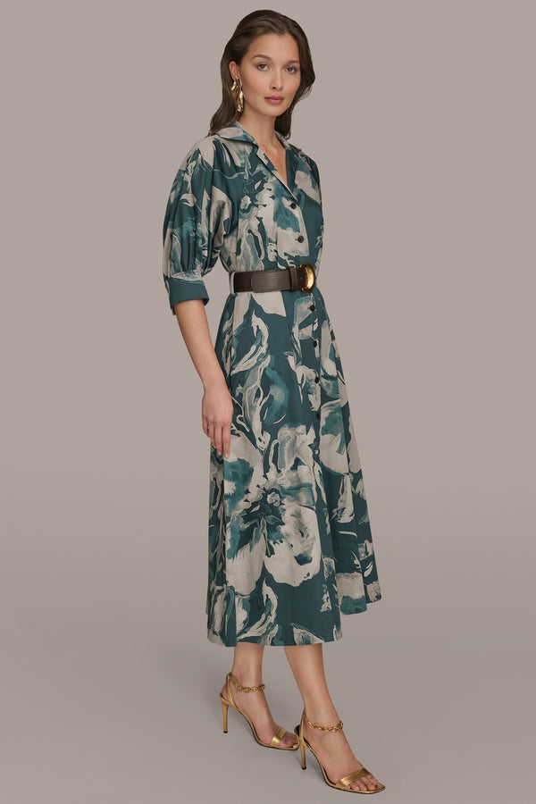 Donna Karan BELTED FLORAL MIDI SHIRT DRESS HUDSON/WEATHERED SAGE MULTI