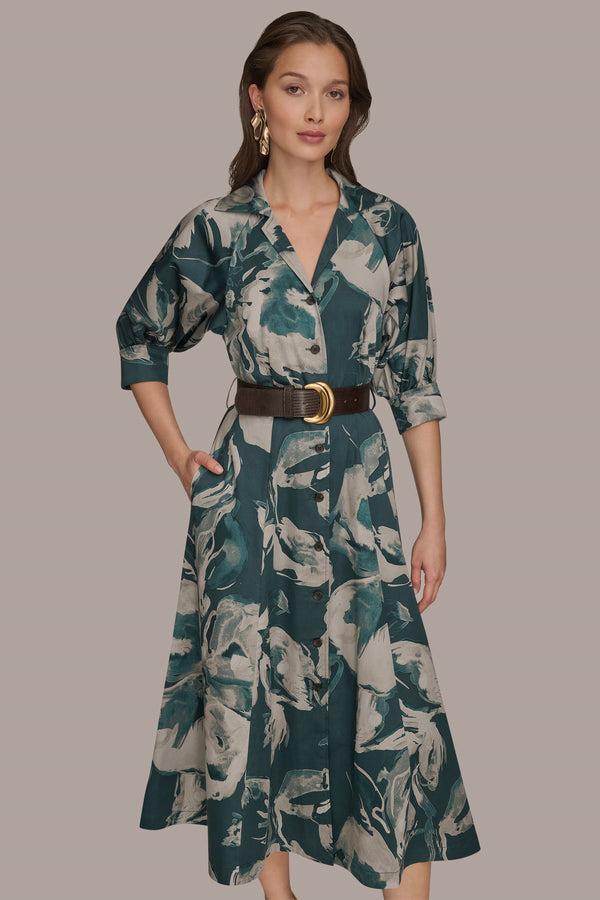 Donna Karan BELTED FLORAL MIDI SHIRT DRESS HUDSON/WEATHERED SAGE MULTI