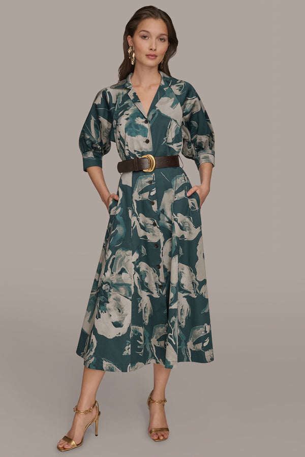 donna karan BELTED FLORAL MIDI SHIRT DRESS HUDSON/WEATHERED SAGE MULTI