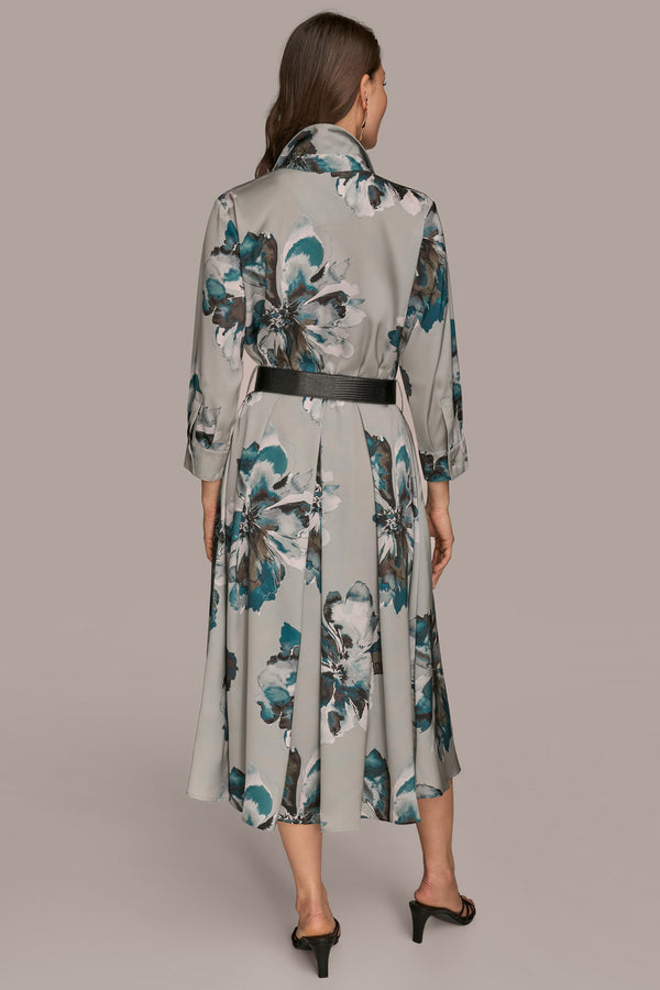 Donna Karan BELTED FLORAL MIDI SHIRT DRESS WEATHERD SAGE MULTI