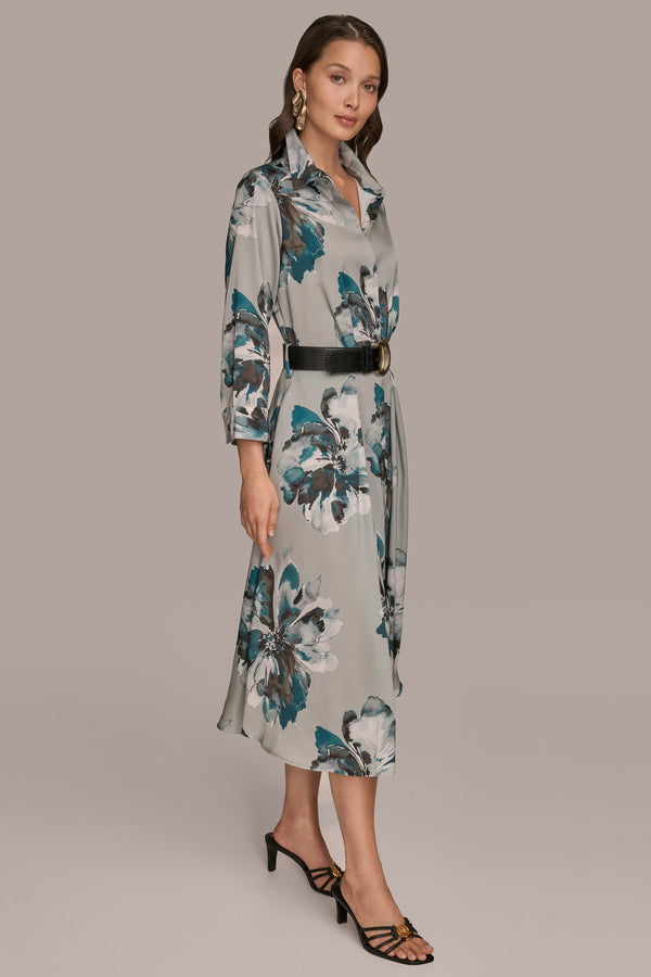 Donna Karan BELTED FLORAL MIDI SHIRT DRESS WEATHERD SAGE MULTI