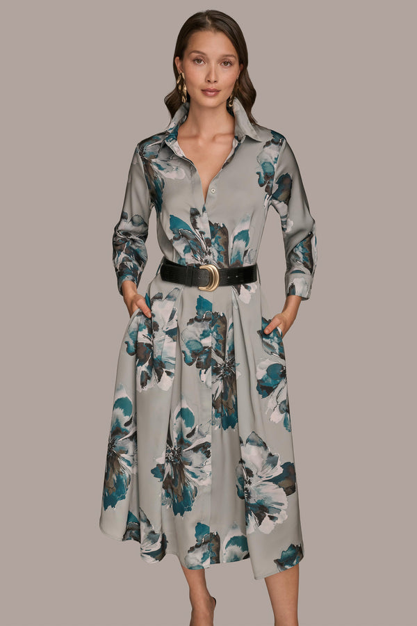 Donna Karan BELTED FLORAL MIDI SHIRT DRESS WEATHERD SAGE MULTI