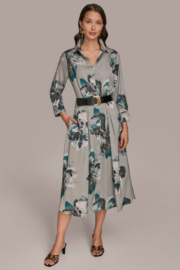 donna karan BELTED FLORAL MIDI SHIRT DRESS WEATHERD SAGE MULTI