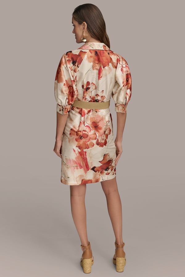 Donna Karan BELTED FLORAL MINI SHIRT DRESS Cinnamon Multi