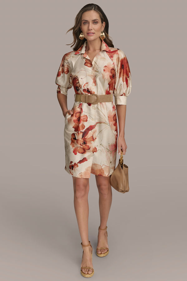 Donna Karan BELTED FLORAL MINI SHIRT DRESS Cinnamon Multi