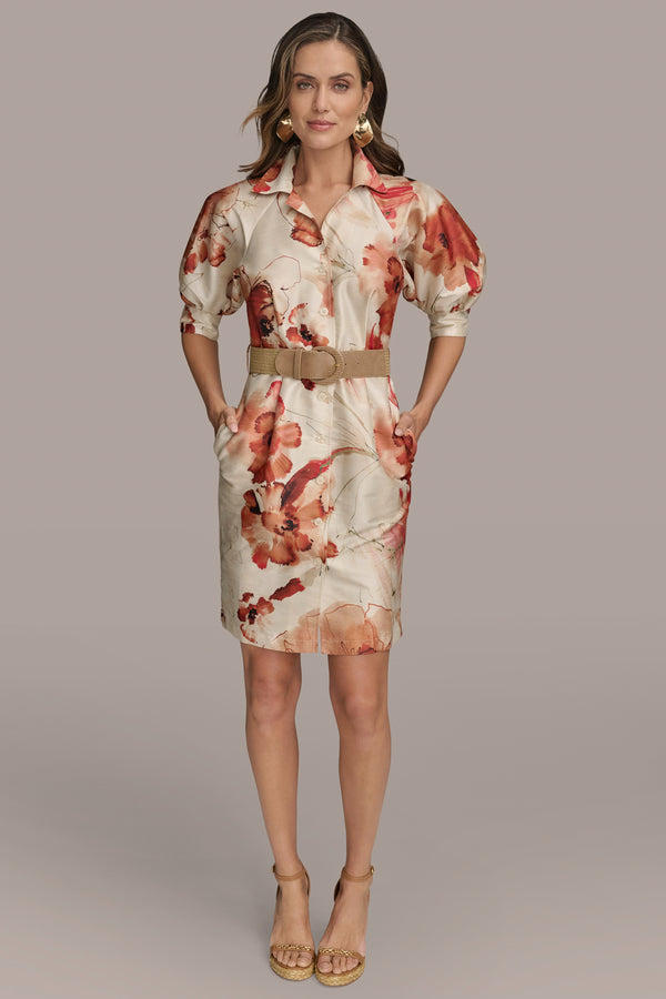 donna karan BELTED FLORAL MINI SHIRT DRESS Cinnamon Multi