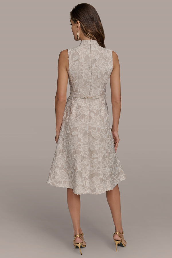 Donna Karan BELTED FLORAL VOILE-JACQUARD DRESS Sand/Cream