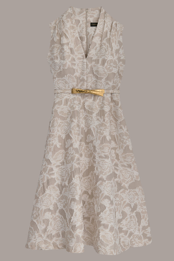 Donna Karan BELTED FLORAL VOILE-JACQUARD DRESS Sand/Cream