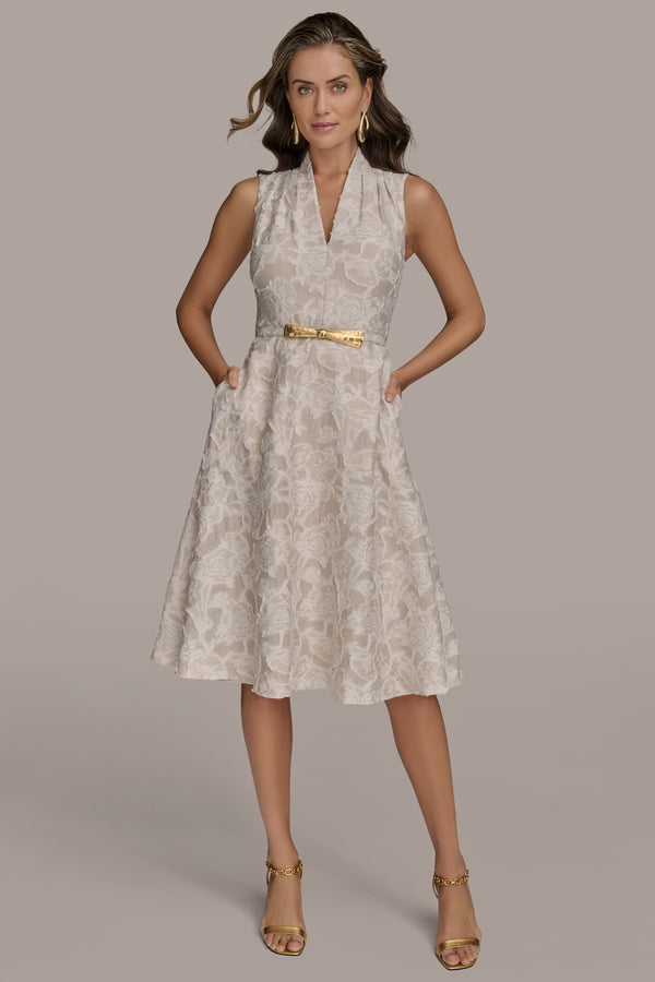 donna karan BELTED FLORAL VOILE-JACQUARD DRESS Sand/Cream