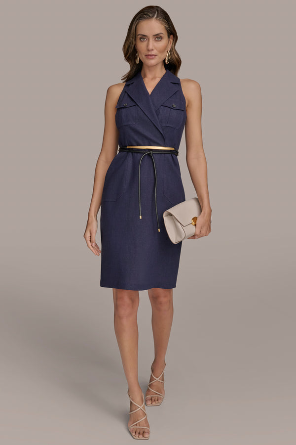 donna karan BELTED LINEN-BLEND MOTO SHEATH DRESS INK