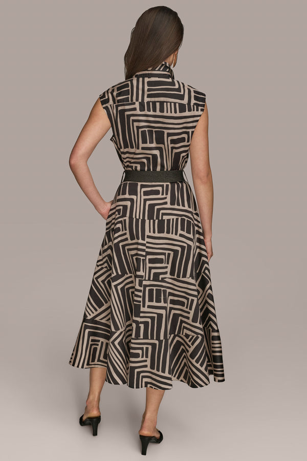Donna Karan BELTED MIDI SHIRT DRESS Black/Sand Combo