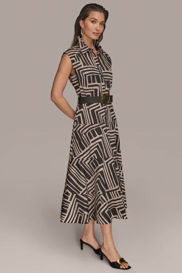 Donna Karan BELTED MIDI SHIRT DRESS Black/Sand Combo
