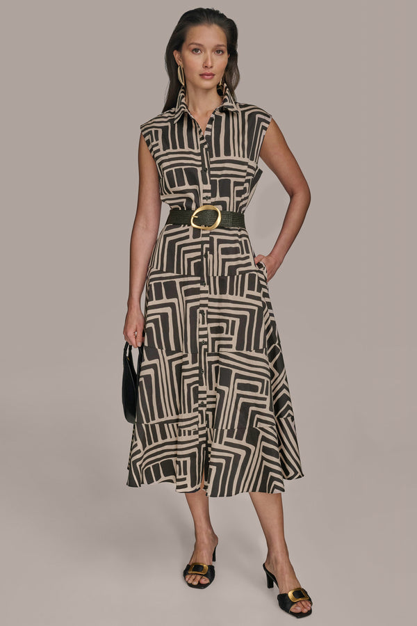donna karan BELTED MIDI SHIRT DRESS Black/Sand Combo