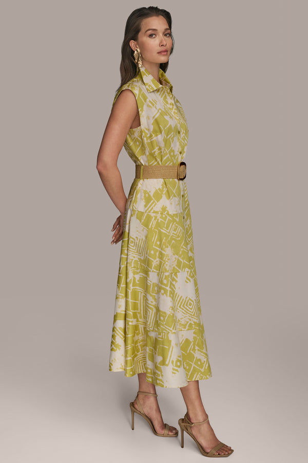 Donna Karan BELTED MIDI SHIRT DRESS Scuffed Citron Multi