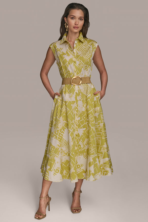 donna karan BELTED MIDI SHIRT DRESS Scuffed Citron Multi