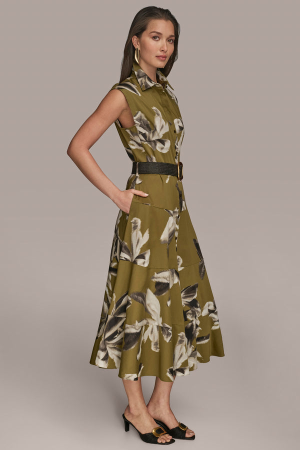 Donna Karan BELTED MIDI SHIRT DRESS Smokey Olive Combo