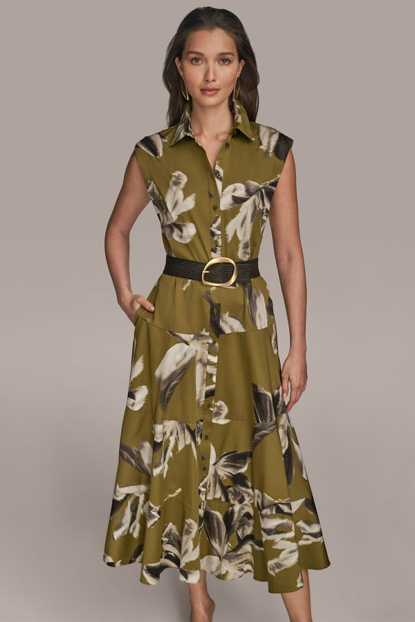 Donna Karan BELTED MIDI SHIRT DRESS Smokey Olive Combo