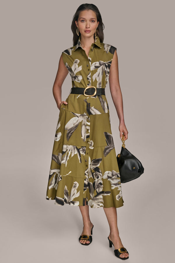 donna karan BELTED MIDI SHIRT DRESS Smokey Olive Combo