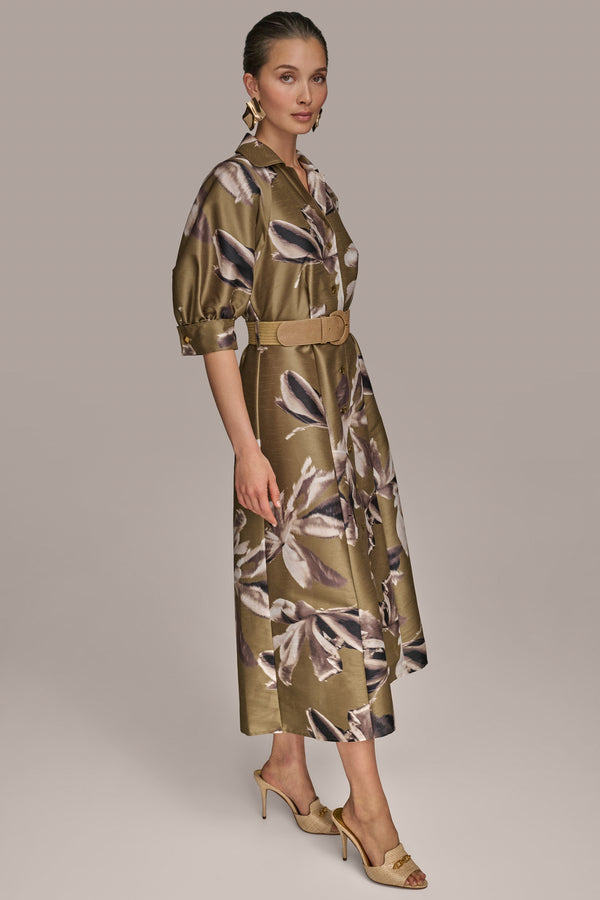 Donna Karan BELTED MIDI SHIRT DRESS Smokey Olive Multi
