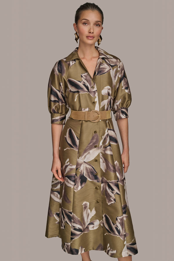 Donna Karan BELTED MIDI SHIRT DRESS Smokey Olive Multi