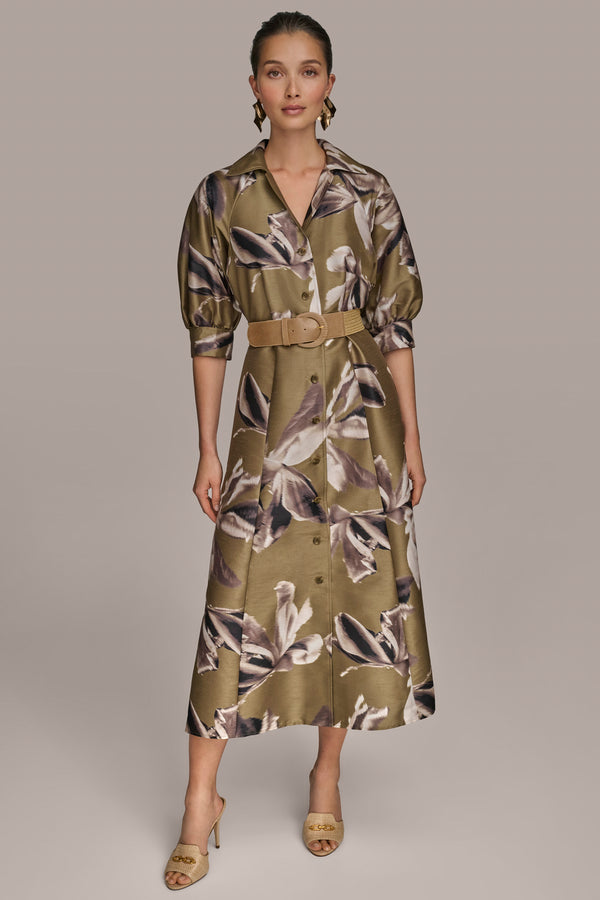 donna karan BELTED MIDI SHIRT DRESS Smokey Olive Multi