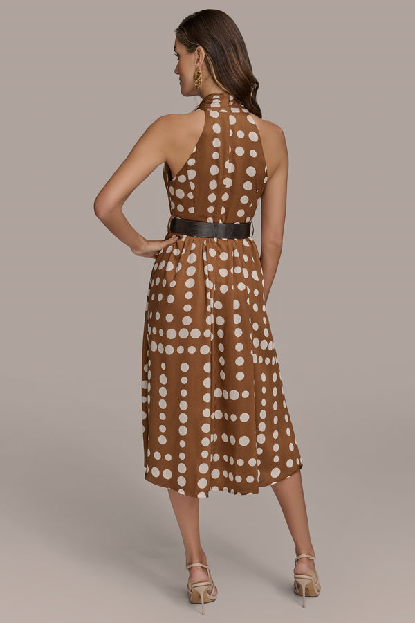 Donna Karan BELTED POLKA-DOT WRAP-EFFECT MIDI DRESS Russet/Light Canvas