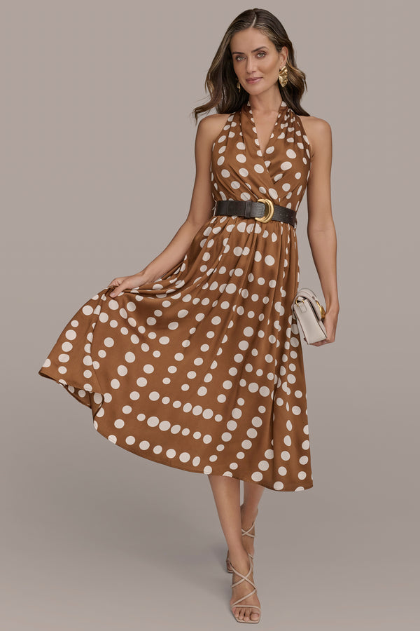 Donna Karan BELTED POLKA-DOT WRAP-EFFECT MIDI DRESS Russet/Light Canvas
