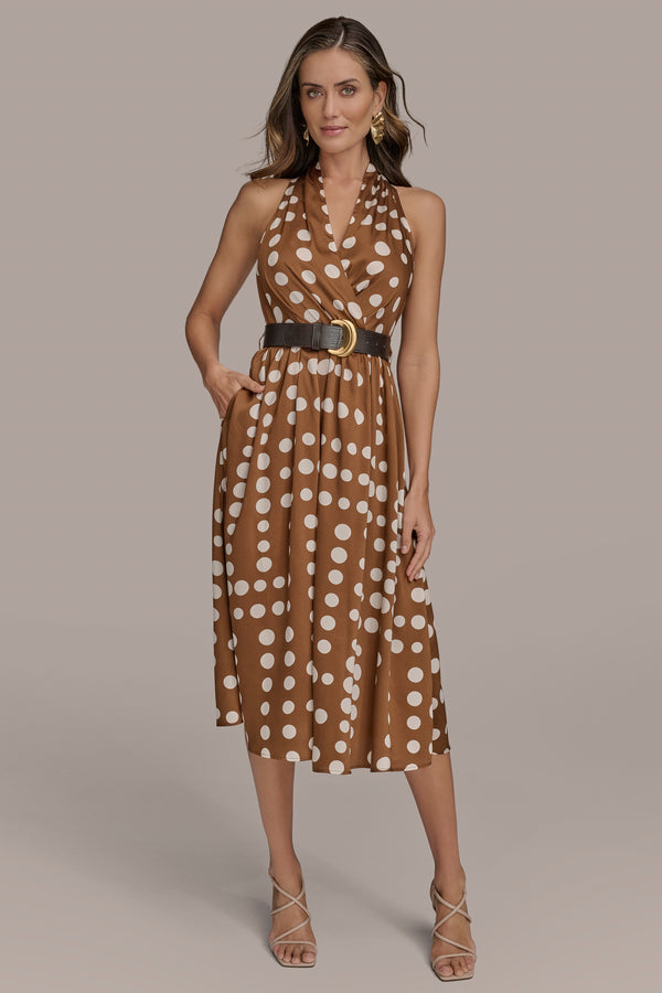 donna karan BELTED POLKA-DOT WRAP-EFFECT MIDI DRESS Russet/Light Canvas