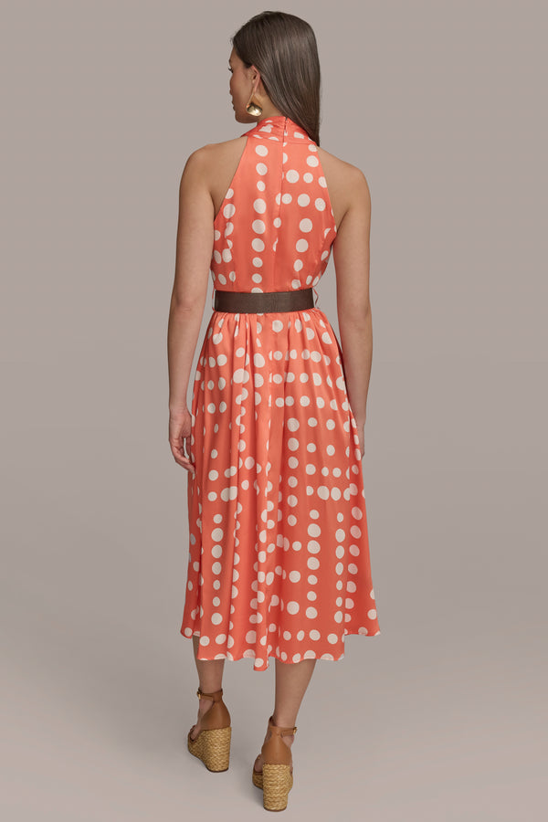 Donna Karan BELTED POLKA-DOT WRAP-EFFECT MIDI DRESS SPRING MELON/CREAM