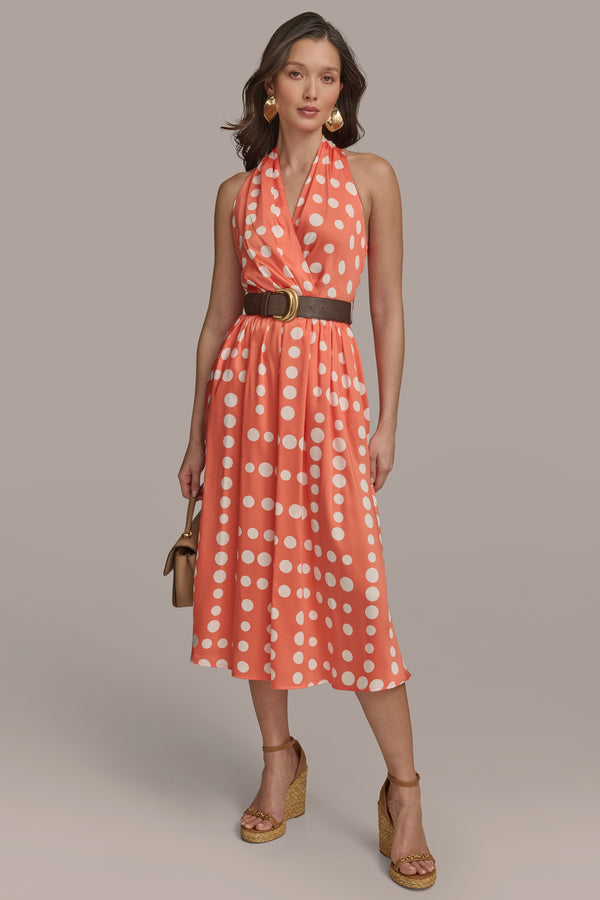 Donna Karan BELTED POLKA-DOT WRAP-EFFECT MIDI DRESS SPRING MELON/CREAM