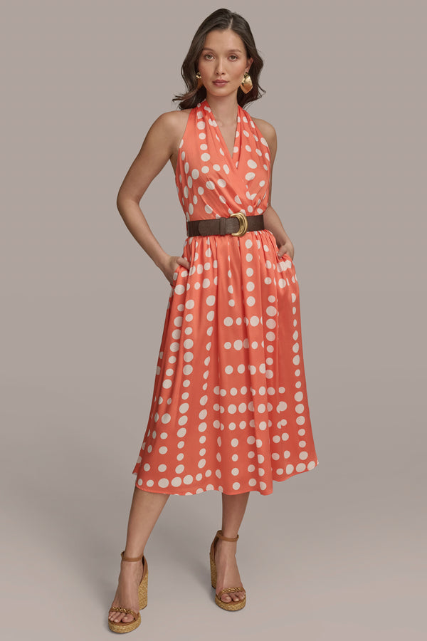 Donna Karan BELTED POLKA-DOT WRAP-EFFECT MIDI DRESS SPRING MELON/CREAM