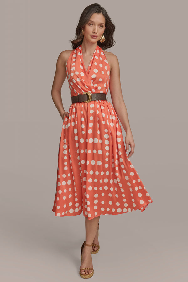 donna karan BELTED POLKA-DOT WRAP-EFFECT MIDI DRESS SPRING MELON/CREAM