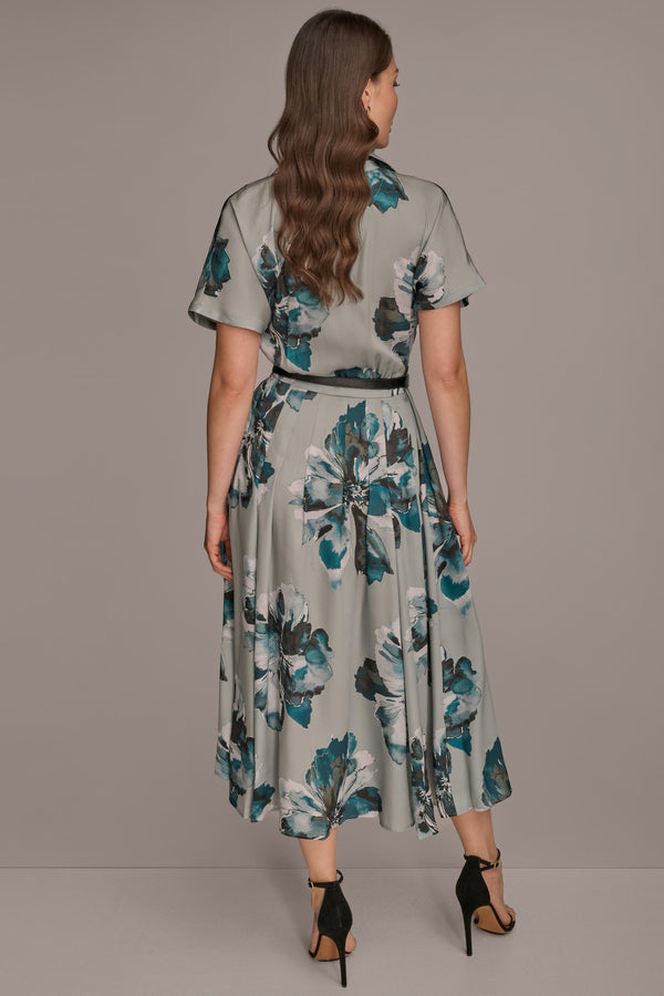 Donna Karan BELTED PRINTED MIDI SHIRT DRESS WEATHERD SAGE MULTI