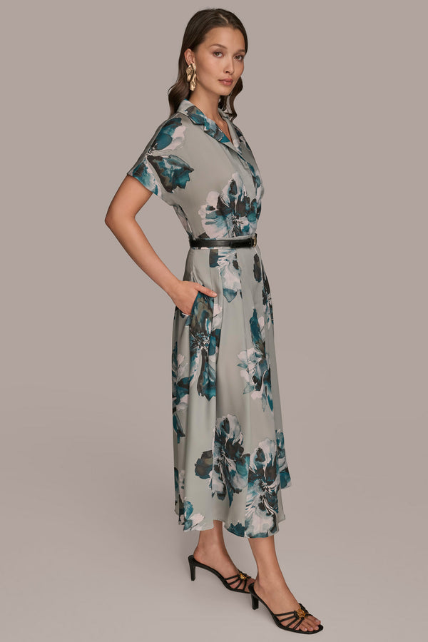 Donna Karan BELTED PRINTED MIDI SHIRT DRESS WEATHERD SAGE MULTI