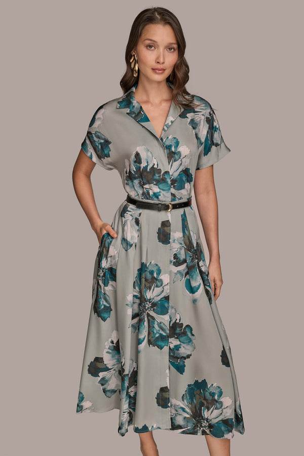 Donna Karan BELTED PRINTED MIDI SHIRT DRESS WEATHERD SAGE MULTI