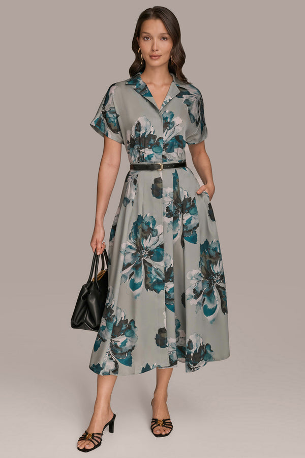 donna karan BELTED PRINTED MIDI SHIRT DRESS WEATHERD SAGE MULTI