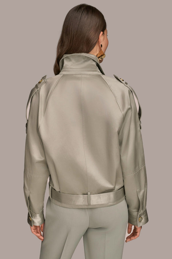 Donna Karan BELTED SATIN BIKER JACKET WEATHERED SAGE