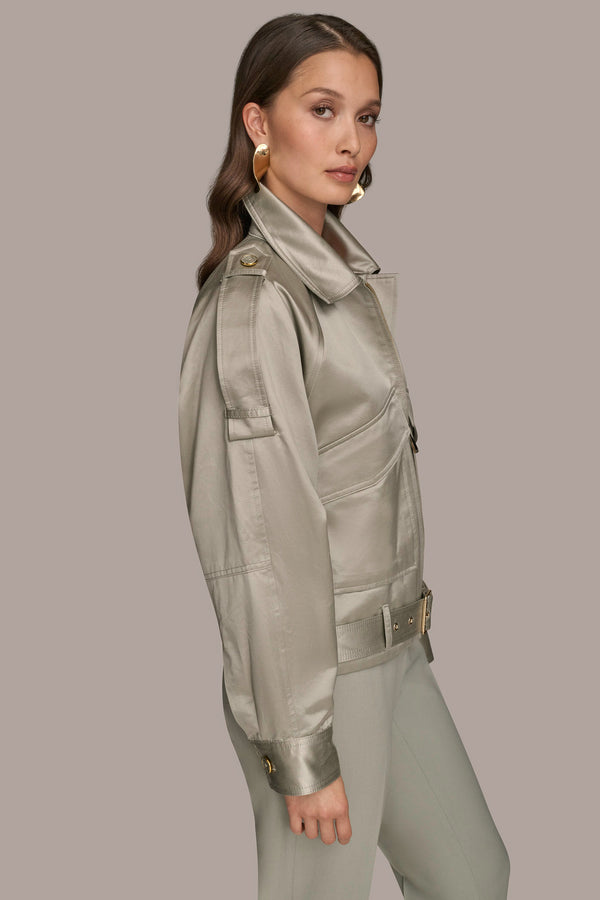 Donna Karan BELTED SATIN BIKER JACKET WEATHERED SAGE
