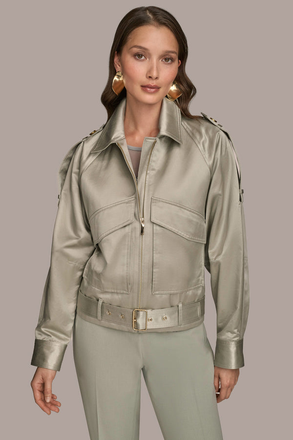 donna karan BELTED SATIN BIKER JACKET WEATHERED SAGE
