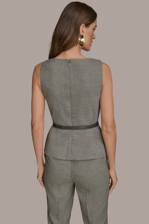 Donna Karan BELTED SLEEVELESS ASYMMETRIC TOP HEATHER IRON MULTI