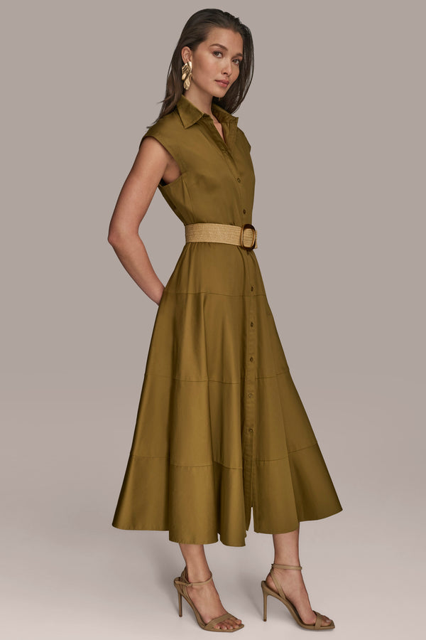 Donna Karan BELTED TIERED MIDI SHIRT DRESS Smokey Olive