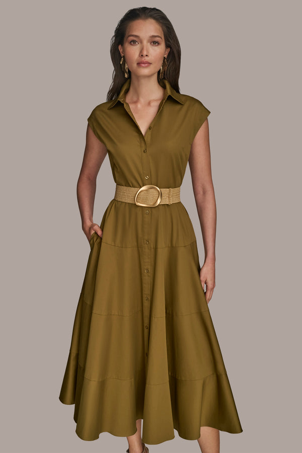 Donna Karan BELTED TIERED MIDI SHIRT DRESS Smokey Olive