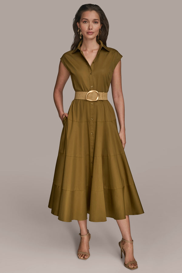donna karan BELTED TIERED MIDI SHIRT DRESS Smokey Olive