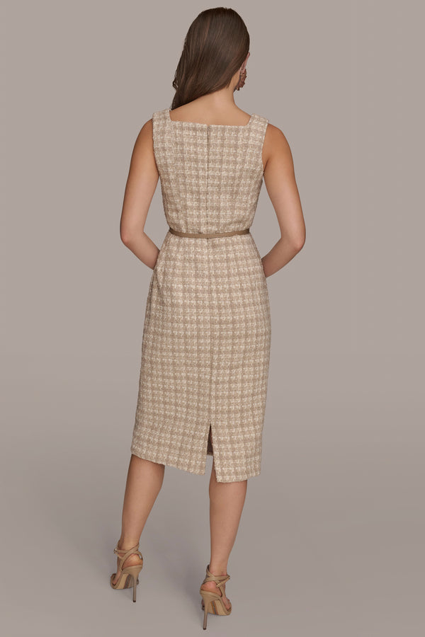 Donna Karan BELTED TWEED MIDI SHEATH DRESS TAUPE MULTI