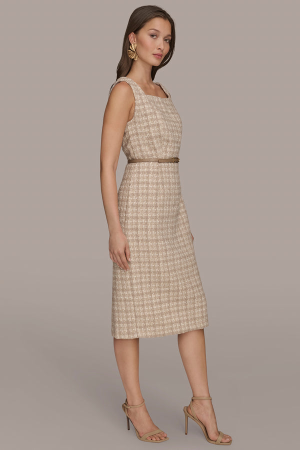 Donna Karan BELTED TWEED MIDI SHEATH DRESS TAUPE MULTI