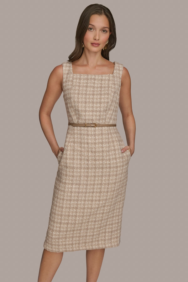 Donna Karan BELTED TWEED MIDI SHEATH DRESS TAUPE MULTI