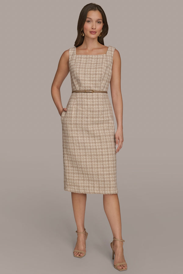 donna karan BELTED TWEED MIDI SHEATH DRESS TAUPE MULTI